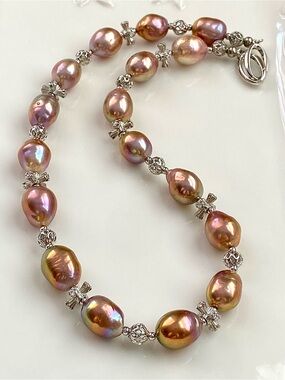 N315-Premium Metallic Copper Green Edison Pearl Necklace